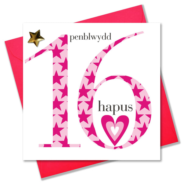 Welsh Birthday Card, Penblwydd Hapus, Age 16 Girl, padded star embellished