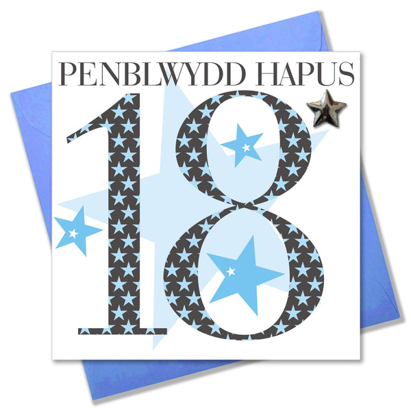 Welsh Birthday Card, Penblwydd Hapus, Age 18 Boy, Embellished with a padded star