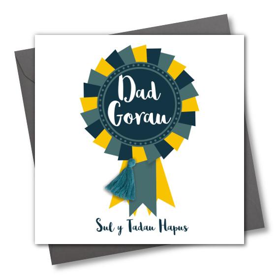 Welsh Father's Day Card, Sul y Tadau Hapus, Rosette # 1 Dad, Tassel Embellished