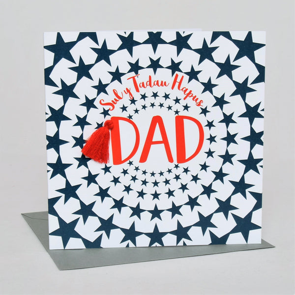 Welsh Father's Day Card, Sul y Tadau Hapus, Star Burst Dad, Tassel Embellished