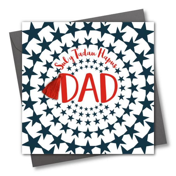 Welsh Father's Day Card, Sul y Tadau Hapus, Star Burst Dad, Tassel Embellished