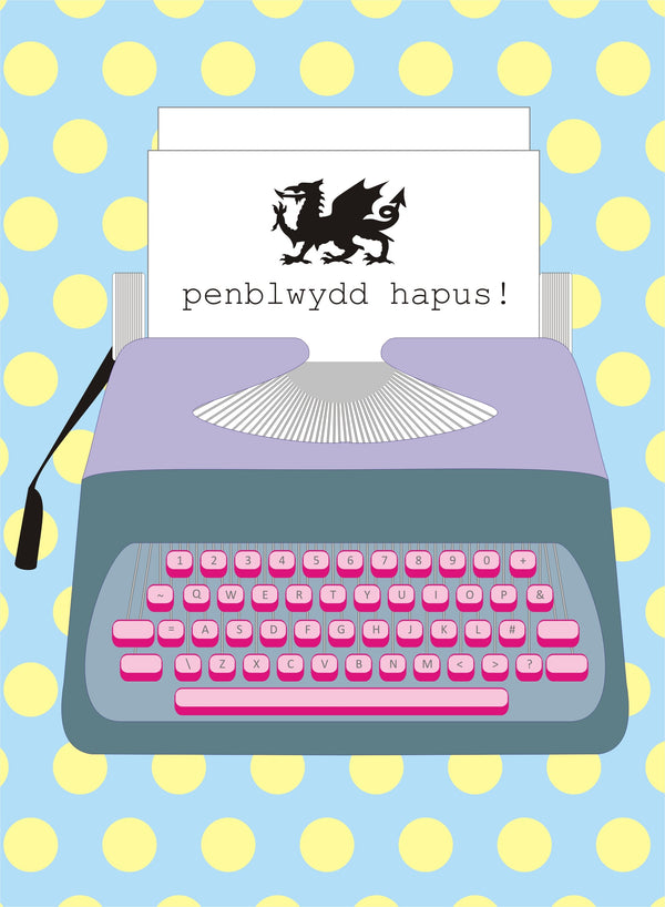 Welsh Birthday Card, Penblwydd Hapus, Typewriter, Happy Birthday
