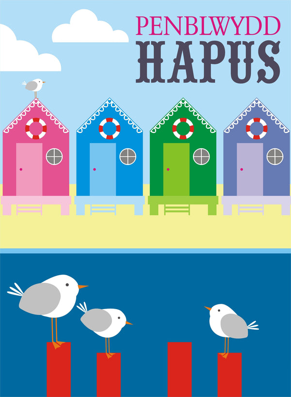 Welsh Birthday Card, Penblwydd Hapus, Beach Huts, Happy Birthday