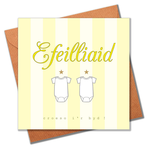 Welsh Baby Card, Yellow Stripes, Hello Baby Twins