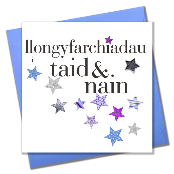 Welsh Congratulations Grandparent Card Taid & Nain Blue, padded star embellished