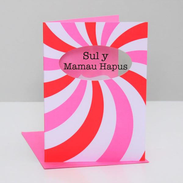 Welsh Mother's Day Card, Sul y Mamau Hapus, Spirals, See through acetate window