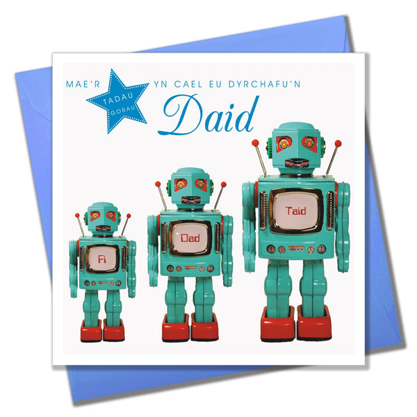 Welsh Grandad Father's Day Card, Sul y Tadau Hapus Daid, Robot's