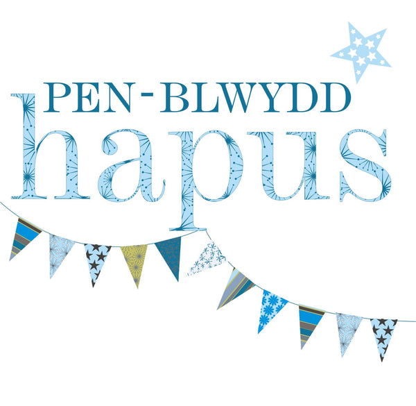 Welsh Birthday Card, Penblwydd Hapus, Blue Flags, Birthday Boy