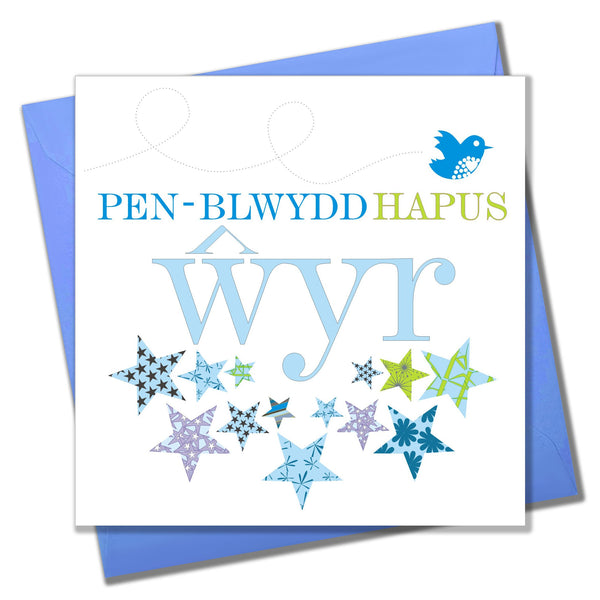 Welsh Birthday Card, Penblwydd Hapus, Wyr, Blue Stars, Happy Birthday Grandson