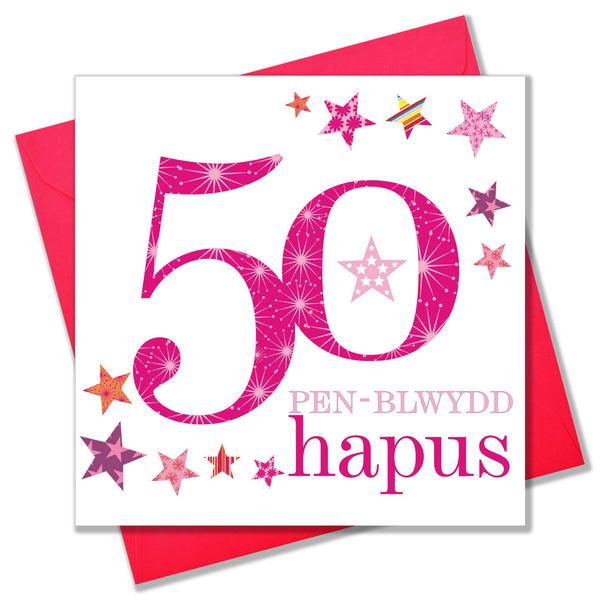 Welsh Birthday Card, Penblwydd Hapus, Pink Age 50, Happy 50th Birthday