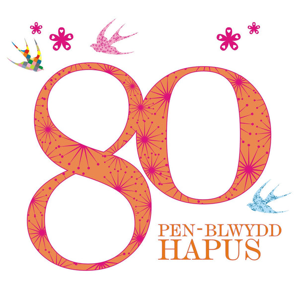 Welsh Birthday Card, Penblwydd Hapus, Pink Age 80, Happy 80th Birthday