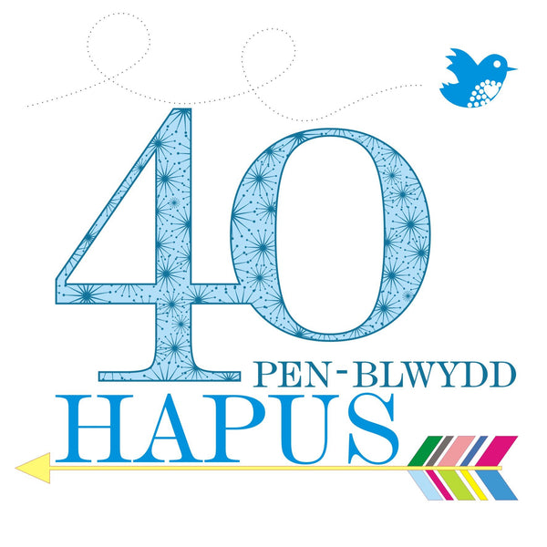 Welsh Birthday Card, Penblwydd Hapus, Blue Age 40, Happy 40th Birthday