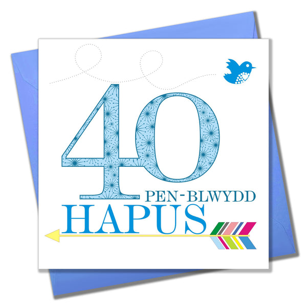 Welsh Birthday Card, Penblwydd Hapus, Blue Age 40, Happy 40th Birthday