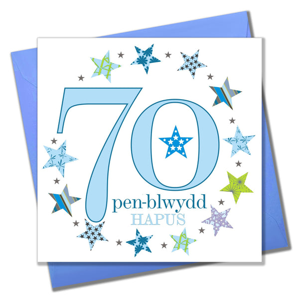 Welsh Birthday Card, Penblwydd Hapus, Blue Age 70, Happy 70th Birthday