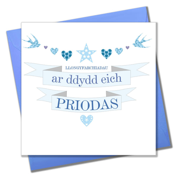Welsh Wedding Card, Blue Banners, Congratulations Wedding Day