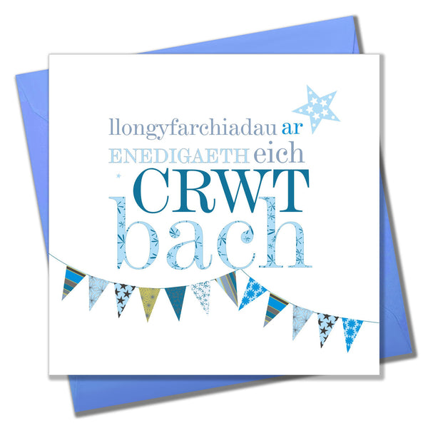 Welsh Baby Card, Blue Bunting, Beautiful bouncing brand new Baby Boy