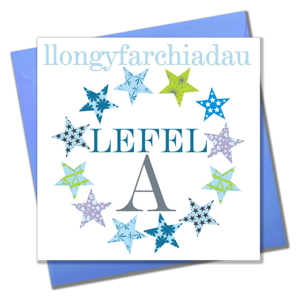 Welsh Congratulations A Level Exam Results Card, Blue Stars