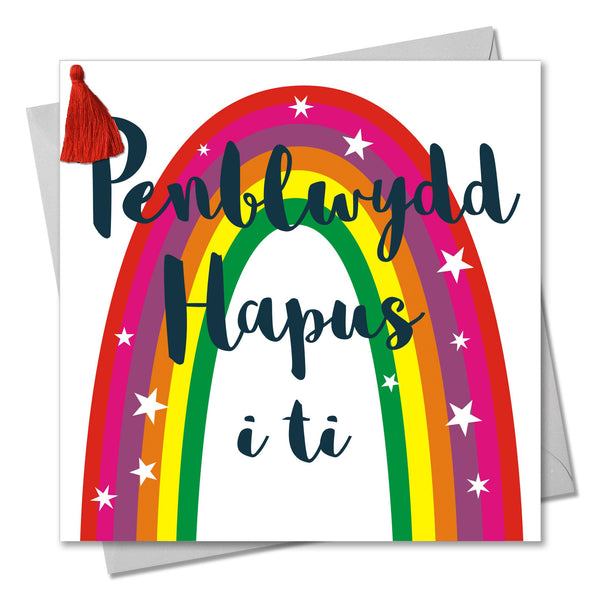 Welsh Birthday Card, Penblwydd Hapus, Rainbow, Tassel Embellished