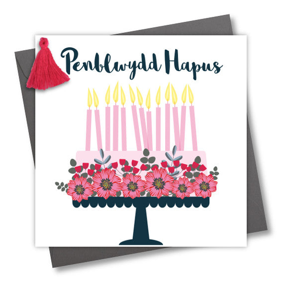 Welsh Birthday Card, Penblwydd Hapus, Pretty Cake, Tassel Embellished