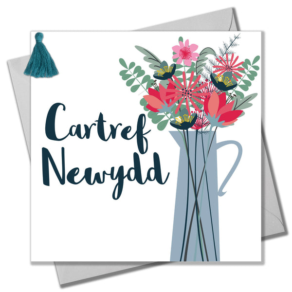 Welsh New Home Card, Vase of Flowers, New Home, Tassel Embellished