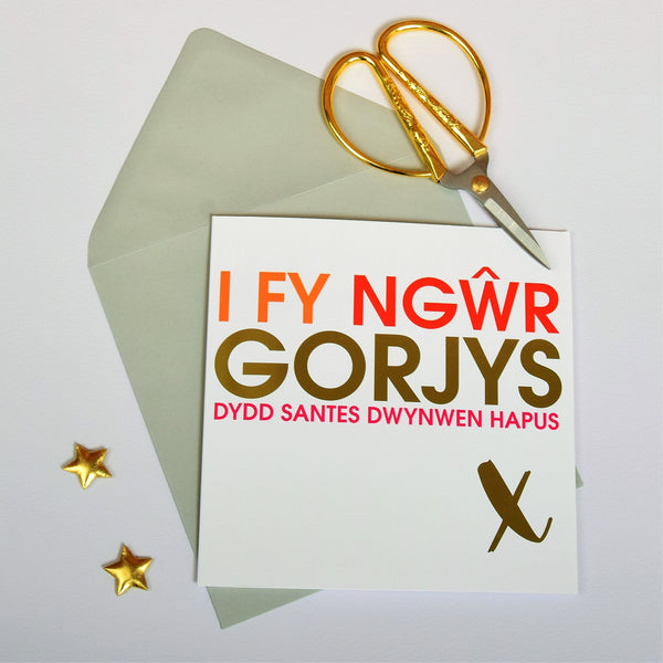 Welsh Valentines Day Card, Gorgeous Husband, text foiled in shiny gold