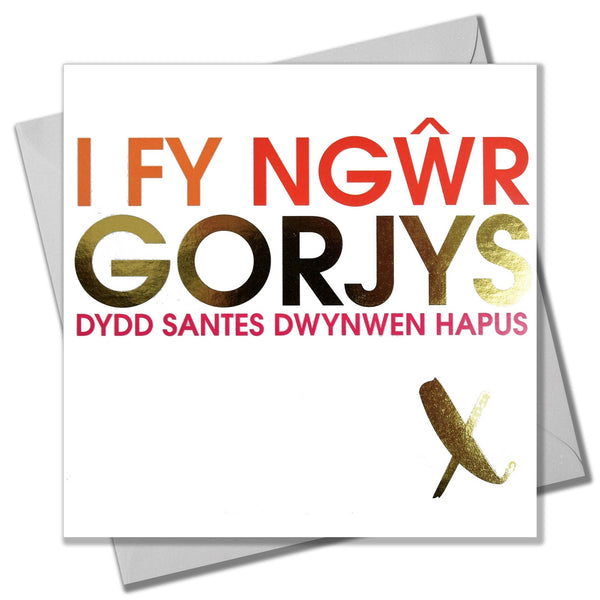 Welsh Valentines Day Card, Gorgeous Husband, text foiled in shiny gold