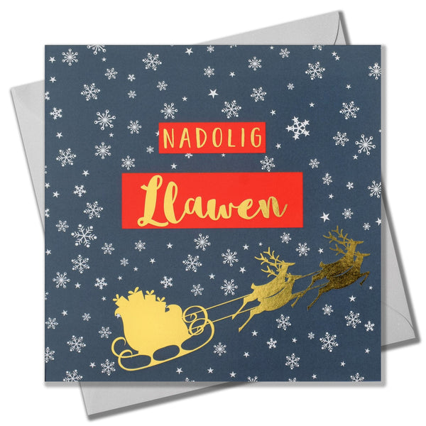 Welsh Christmas Card, Sleigh and Snowflakes, text foiled in shiny gold