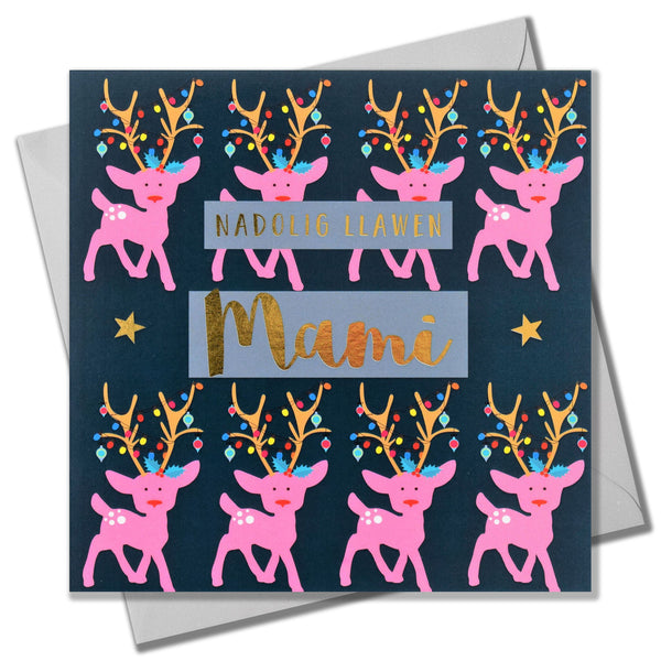 Welsh Christmas Card, Mami, Mummy Reindeers & Lights, text foiled in shiny gold