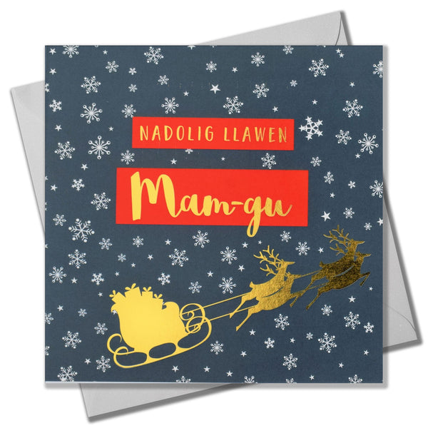 Welsh Christmas Card, Mam-gu, Grandma Snowflakes & Sleigh, text foiled in shiny gold
