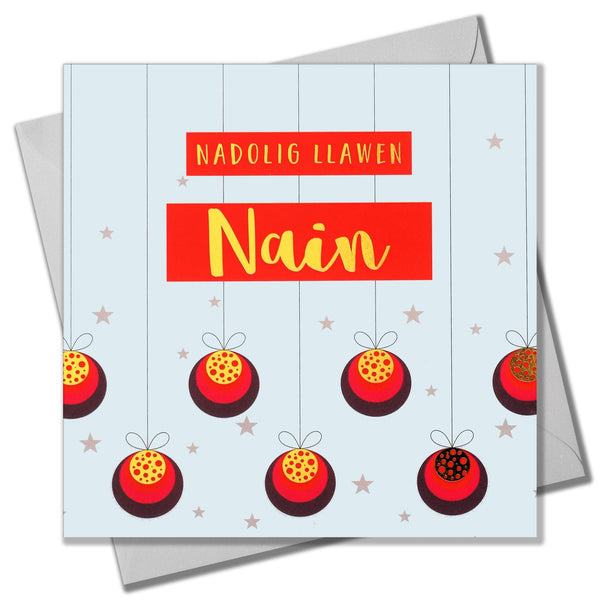 Welsh Christmas Card, Nain, Gran Baubles and Stars, text foiled in shiny gold