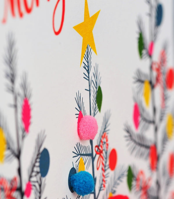 Welsh Christmas Card, Nadolig Llawen, Christmas Trees, Pompom Embellished