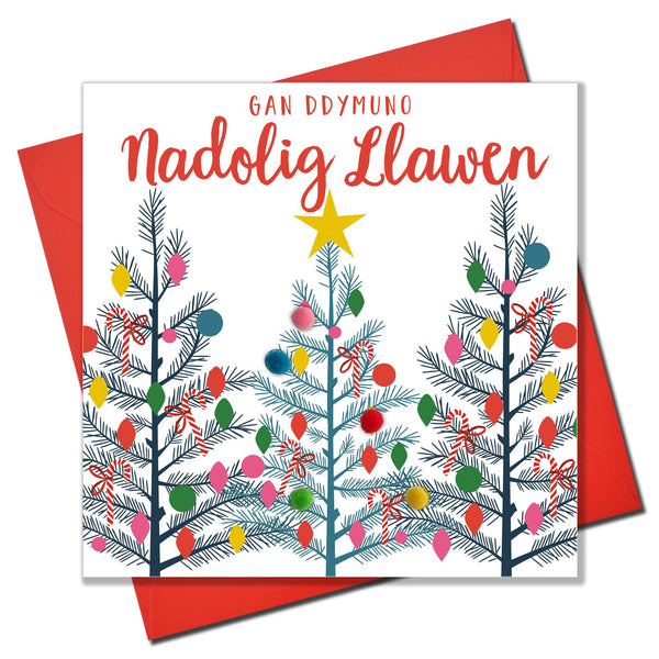 Welsh Christmas Card, Nadolig Llawen, Christmas Trees, Pompom Embellished