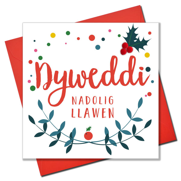 Welsh Fiance Christmas Card, Nadolig Llawen Dyweddi, Pompom Embellished