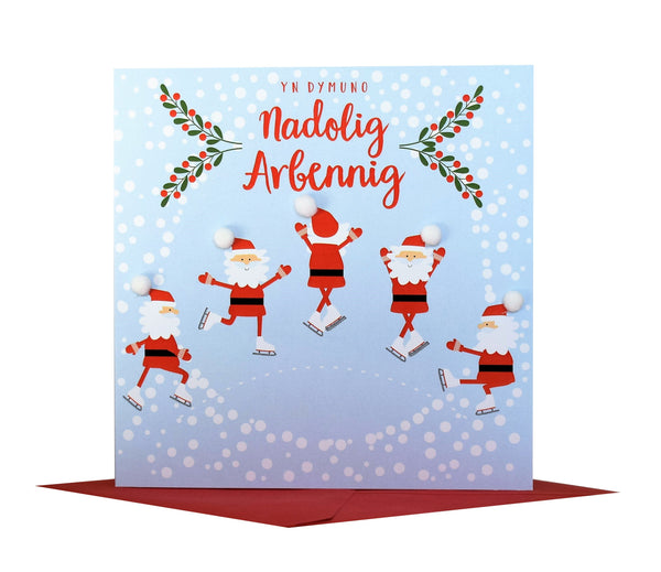 Welsh Christmas Card, Nadolig Llawen, Skating Santas, Pompom Embellished