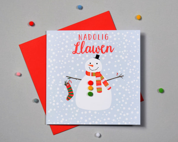 Welsh Christmas Card, Nadolig Llawen, Snowman ,  Pompom Embellished