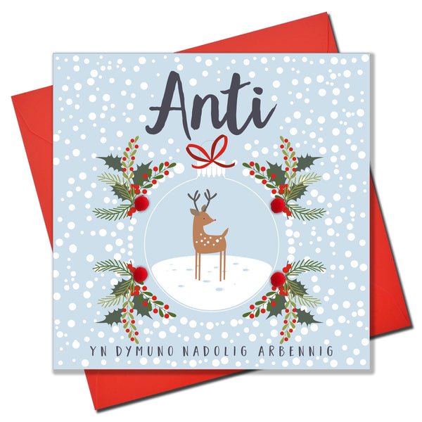 Welsh Aunt Christmas Card, Nadolig Llawen Anti, Bauble, Pompom Embellished