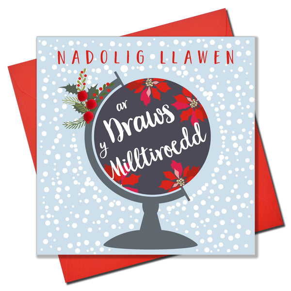 Welsh Christmas Card, Nadolig Llawen, Across the miles, Pompom Embellished