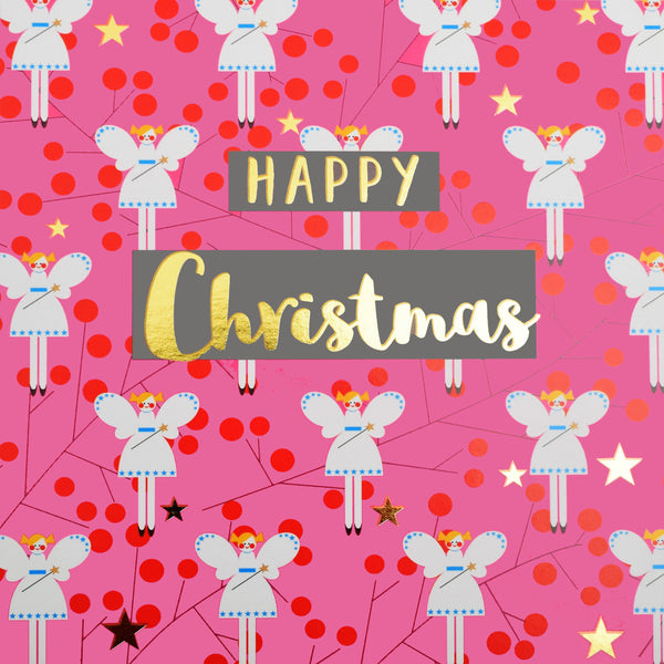 Christmas Card, Fairies on Pink, text foiled in shiny gold
