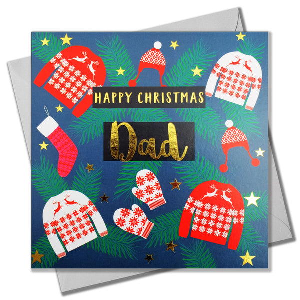 Christmas Card, Dad Jumpers & Mittens, text foiled in shiny gold