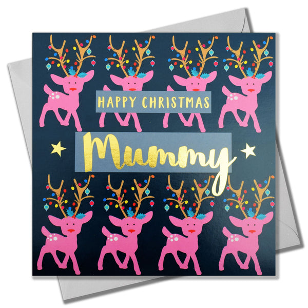 Christmas Card, Mummy Reindeers and Lights, text foiled in shiny gold