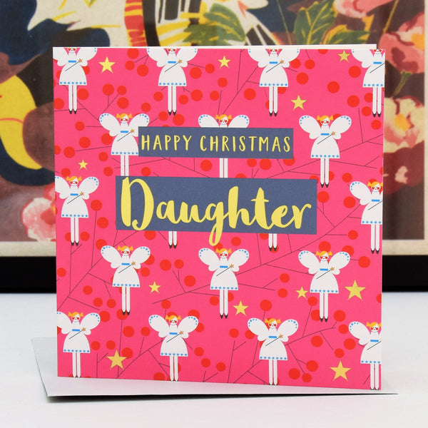 Christmas Card, Daughter Fairies on Pink, text foiled in shiny gold