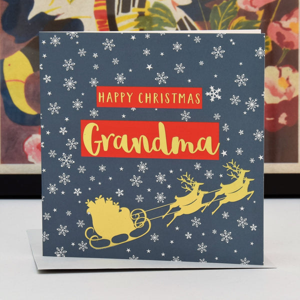 Christmas Card, Grandma Sleigh and Snowflakes, text foiled in shiny gold