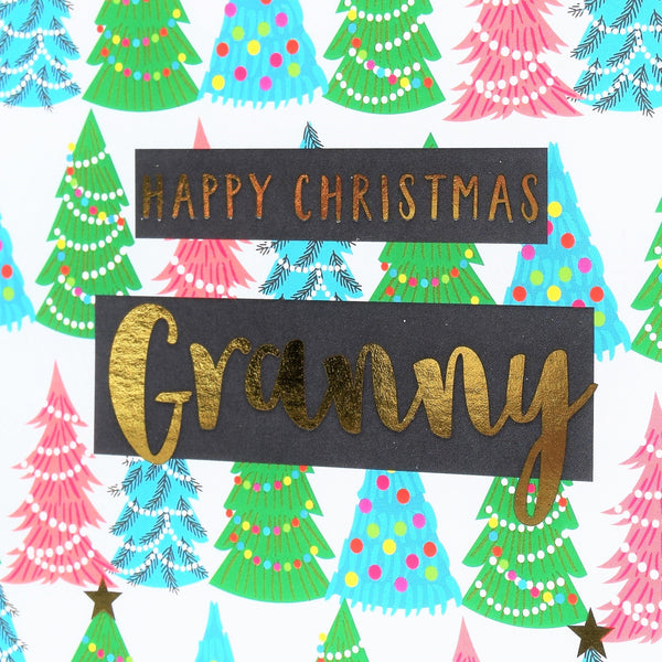 Christmas Card, Granny Christmas Trees, text foiled in shiny gold