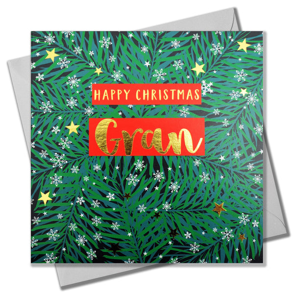 Christmas Card, Gran Wreath and Snowflakes, text foiled in shiny gold