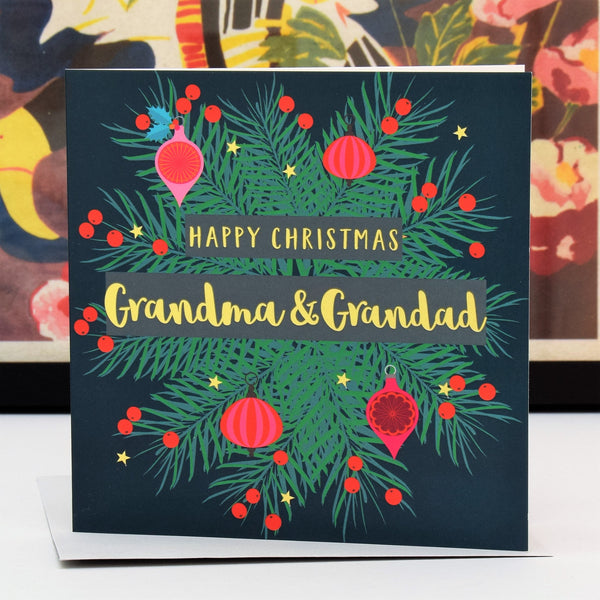 Christmas Card, Grandma & Grandad Wreath, text foiled in shiny gold