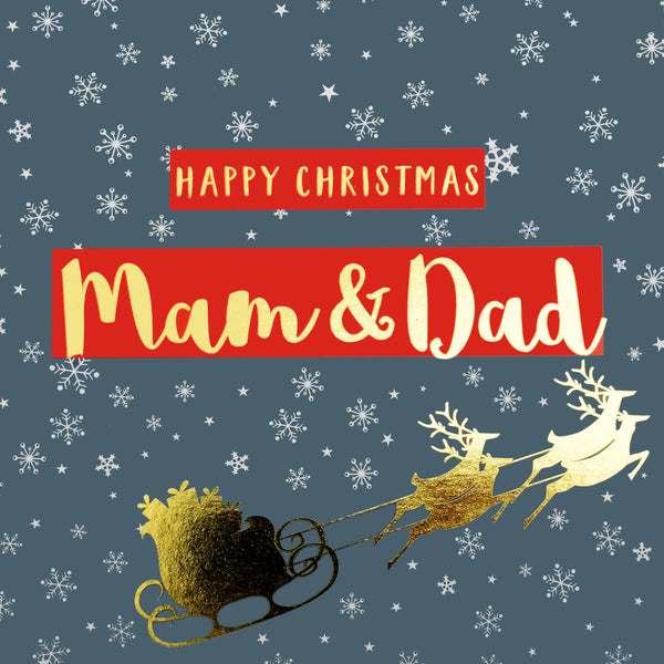 Christmas Card, Mam & Dad Sleigh & Snowflakes, text foiled in shiny gold