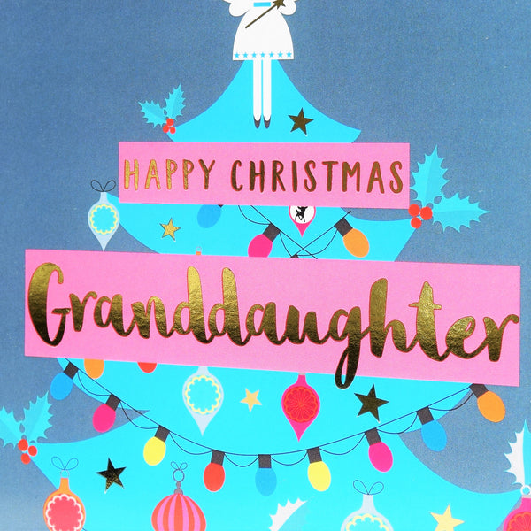 Christmas Card, Granddaughter Blue Tree & Fairy, text foiled in shiny gold