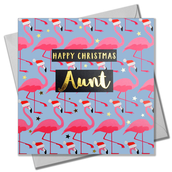 Christmas Card, Aunt Flamingoes in Santa Hats, text foiled in shiny gold