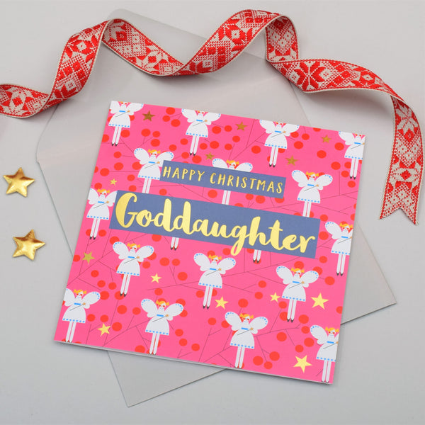 Christmas Card, Goddaughter Fairies on Pink, text foiled in shiny gold