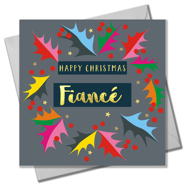 Christmas Card, Finance Bright Holly, text foiled in shiny gold